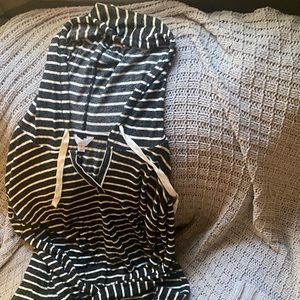 Gray and white striped hooded top